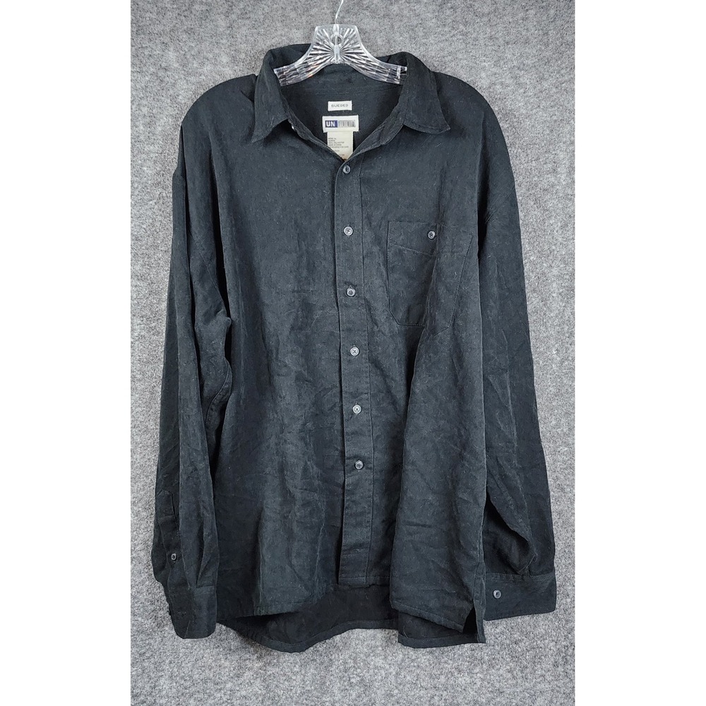 Untied Button Down Shirt Men XL Black Sueded Long Sleeve Polyester Casual‎